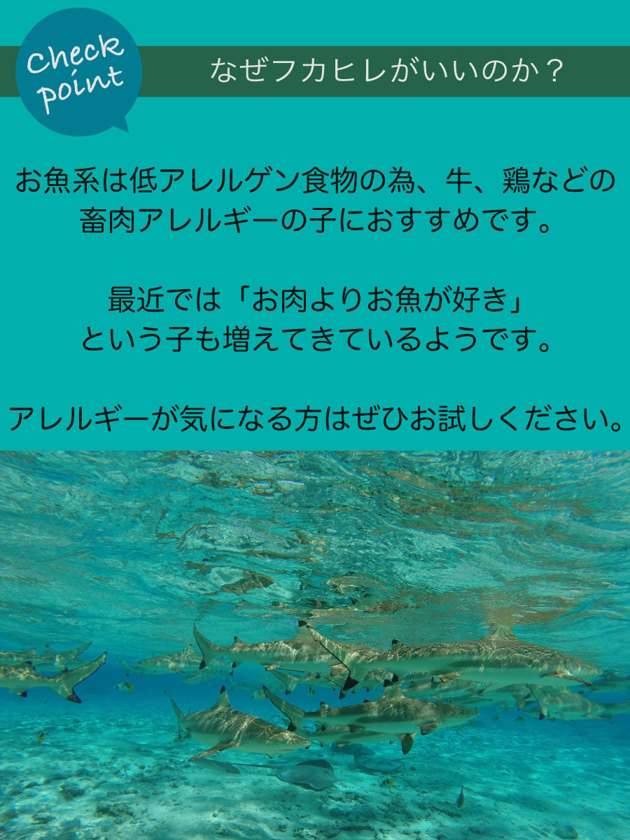 フカヒレ ミネラルが豊富でワンちゃんの毛艶・関節を強化。皮膚や毛の質感低下、関節炎等のサポートをします。低カロリーで肥満ケアにも。オールステージ対応